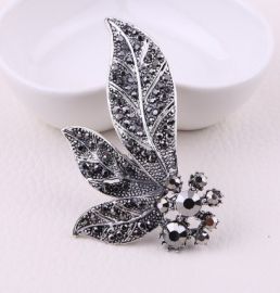 Black Rhinestone 3 Leaf Brooch